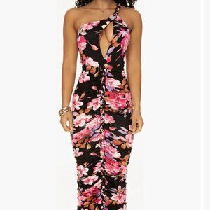 Jluxlabel- Jess Floral Ruched Braided One-Shoulder Midi Dress